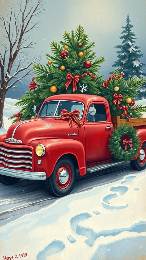 A festive red truck with a Christmas tree in the back, surrounded by snow, representing a cozy holiday atmosphere.